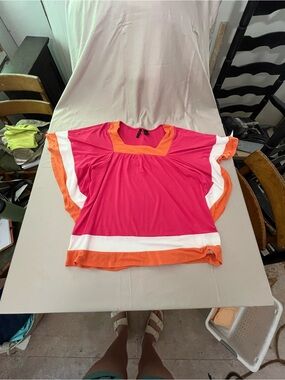 new directions Hot Pink Colorblock Blouse with Orange and White Trim